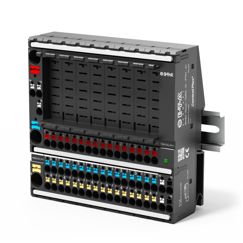 Typ Modul 18plus von E-T-A: eine kompakte Verdrahtungslösung für alle Last- und Signalleitungen der DC 24 V-Steuerspannung.